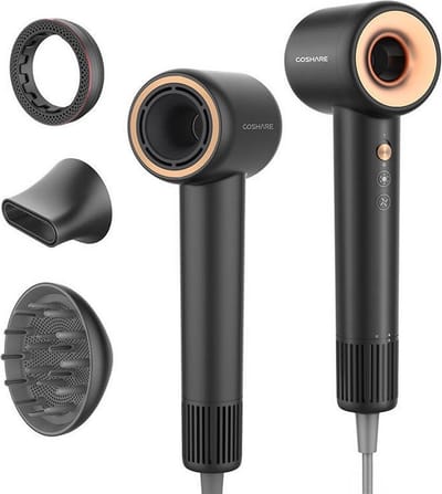 Coshare Föhn met Diffuser-HD10E Pro Black -lonische Haardroger-Lichtgewicht-Reisföhn-3 Opzetstukken-1200W-Met geurring