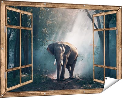 Gards Tuinposter Doorkijk Olifant in het Bos met Zonneschijn - 150x100 cm - Tuindoek - Tuindecoratie - Wanddecoratie buiten - Tuinschilderij