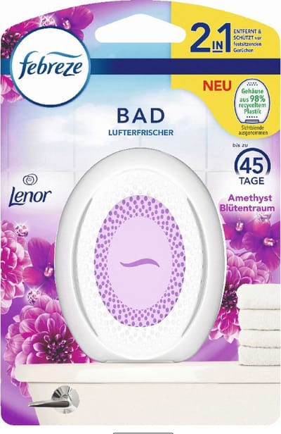 2x Febreze Badkamer luchtverfrisser - Petit Coin - Met de geur van Lenor - Amethist & Bloemen Boeket - set en go - niet elektrisch - 50 dagen frisheid