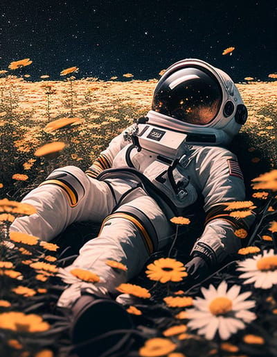 AI - Woondecoratie - Poster - Astronaut - bloemen - 06 - 70 x 100 cm