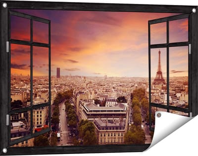Gards Tuinposter Doorkijk Skyline Parijs met Eiffeltoren - 90x60 cm - Tuindoek - Tuindecoratie - Wanddecoratie buiten - Tuinschilderij