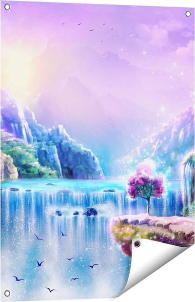 Gards Tuinposter Kleurrijke Sprookjes Waterval - Abstract - 60x80 cm - Tuindoek - Tuindecoratie - Wanddecoratie buiten - Tuinschilderij