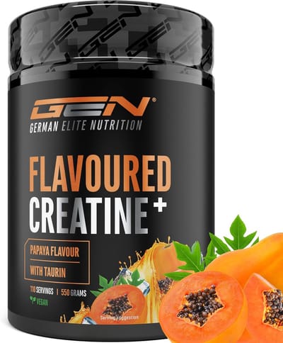 GEN Gearomatiseerd Creatine Poeder - 550g - Creatine Monohydraat + L-Taurine - Gemicroniseerde Creatine met Aroma - Geen Suiker & Top Oplosbaarheid - Veganistisch (Papaya)