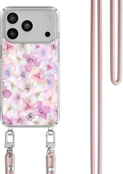 Casimoda® hoesje met rosegoud koord - Geschikt voor iPhone 17 Pro - Hortensia - Afneembaar koord - TPU/polycarbonaat - Paars