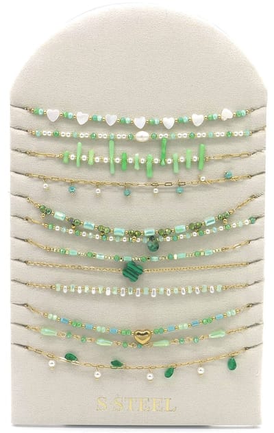 Ketting - sieraad - halsketting - accessoire - RVS - zilverkleurig - klavertjes - vier - geluksklaver - parels - groen - geluk - hip - trendy - tijdloos - chique - feest - cadeau - geschenk - vrouwen - dames
