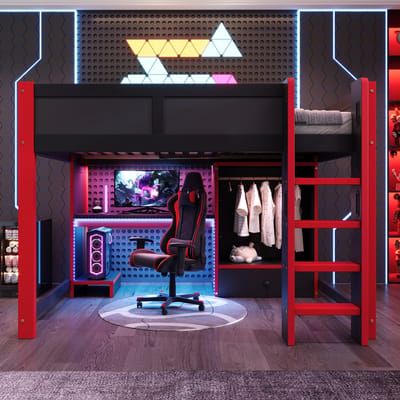Intebiki Loftbed - 140 x 200 cm - met LED-verlichting - bureau - 1 lade - planken - armleuningen - ladder - matras niet inbegrepen - zwart + rood - stoel niet inbegrepen