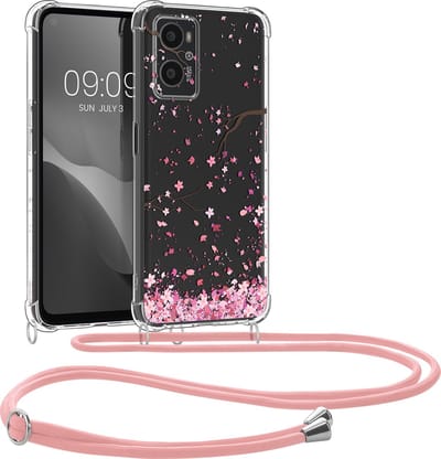 kwmobile telefoonhoesje geschikt voor Oppo A76 / A96 - Hoesje met telefoonkoord - Back cover voor smartphone - Case in poederroze / donkerbruin / transparant