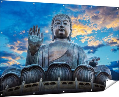 Gards Tuinposter Boeddha Beeld bij een Tempel - 180x120 cm - Tuindoek - Tuindecoratie - Wanddecoratie buiten - Tuinschilderij