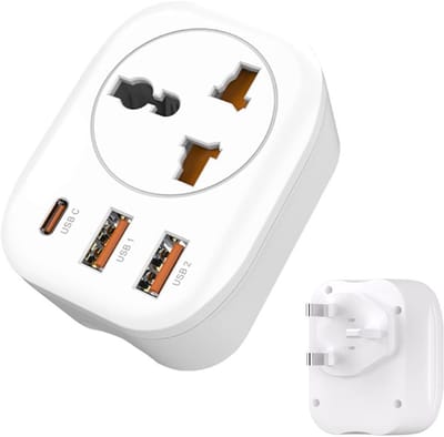 USA/EU/CN naar VAE VK HK-stekkeradapter, Type G-reisadapter, universele stopcontact-reisadapter met 2 USB-poorten en USB-C-poorten voor zakenreizen, vakanties, hotels en luchthavens - wit