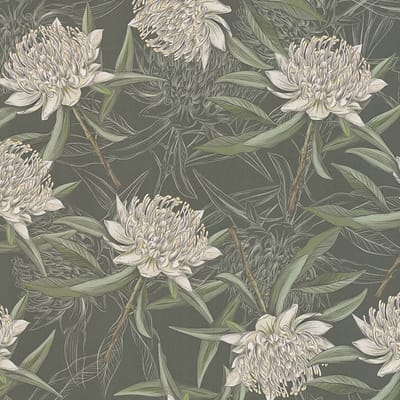Bloemen behang Profhome 394321-GU vliesbehang hardvinyl warmdruk in reliëf licht gestructureerd met bloemmotief mat zwart groen donkergroen wit 5,33 m2