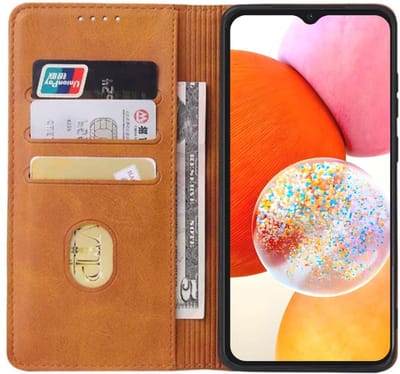 Smartphonica Samsung Galaxy A14 kunstleren hoesje met magnetische sluiting en pashouders book case - Bruin geschikt voor Samsung Galaxy A14