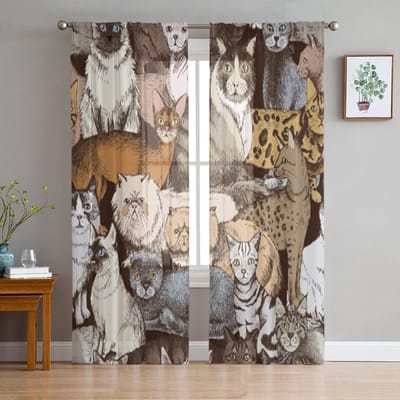 16 Kleurrijke Handgetekende Raszuivere Katten Chiffon Transparante Gordijnen voor Woonkamer Slaapkamer Decoratie Raam Voiles Tule Gordijn 135W x 114H(cm) black