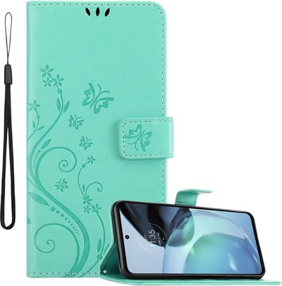 Cadorabo Hoesje geschikt voor Motorola MOTO G72 in BLOEMEN TURKOOIS - Beschermhoes in bloemmotief met magnetische sluiting, standfunctie en kaartsleuven Book Case Cover Etui