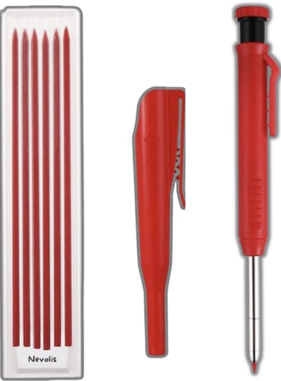 Nevolis® mechanische timmermanspotloden met 6 vullingen – stevig, met ingebouwde puntenslijper – diep gat markeren, houtbewerking, bouw, schetsen & tekenen – automatische bouwpotlood (rood)