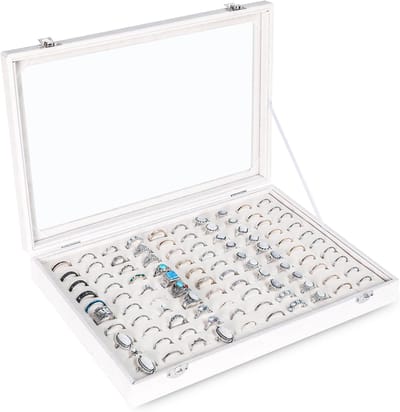 Ring Organizer Tray met 100 Slots en Transparant Deksel - Velvet Opbergdoos voor Sieraden, Perfect voor Winkel en Thuisgebruik