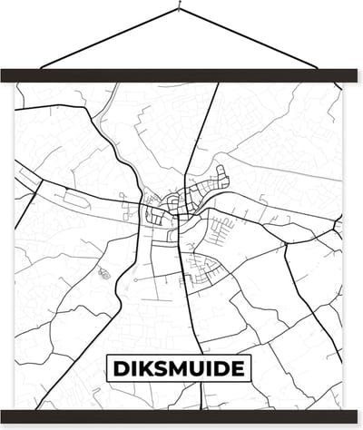 Posterhanger incl. Poster 60x60 cm - Schoolplaat - Zwart Wit – België – Plattegrond – Stadskaart – Kaart – Diksmuide - Textielposter - Zwarte latten - Stadskaart
