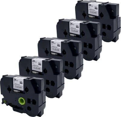 DULA Brother Compatible label tape- Tze-151 - 5 cassettes - Brother P-Touch - Zwart op transparant - 24mm x 8m