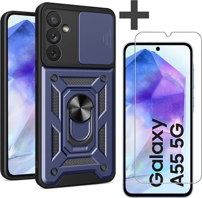Hoesje met Screenprotector Geschikt voor Samsung Galaxy A55 Met draaibare Ringhouder en camera bescherming - Arara backcover - Blauw