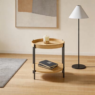 KOMHTOM - Ronde salontafel met 2-laags dienbladontwerp - van massief hout & metaal - Eiken naturel / Walnoot / Zwart - combineerbaar met bijpassend bijzettafeltje - eenvoudige montage - 44x44x48 cm