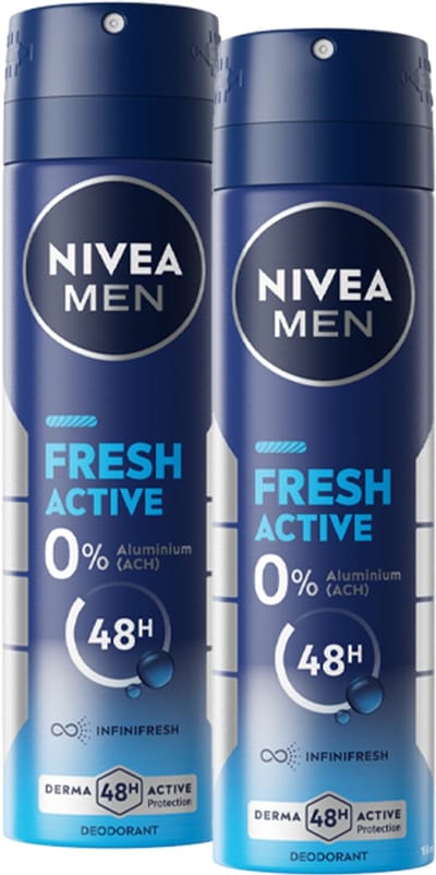NIVEA MEN Fresh Active Deodorant Spray - Deo Beschermt 48 uur lang - Aluminiumvrij - 2 x 150 ml - Voordeelverpakking