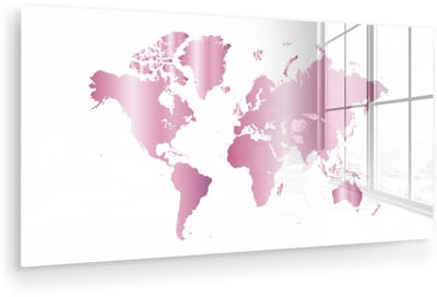 ® Glasschilderij 120x60 cm - Schilderij acrylglas - Wereldkaart - Roze - Schilderij - Foto op glas - Muurdecoratie woonkamer - Wanddecoratie slaapkamer - Schilderijen