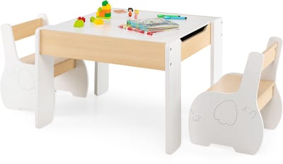 COSTWAY 3-delige kinderzitgroep van hout, 4-in-1 kindertafel met 2 stoelen en afneembaar bord, kindermeubelset met opbergruimte voor speelkamer, kleuterschool (wit), HY10080DE