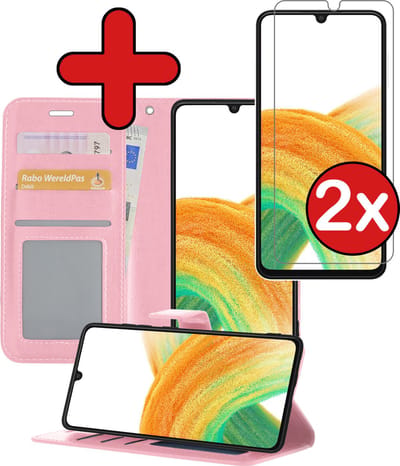 Hoesje - Met 2x Screenprotector - Geschikt voor Samsung Galaxy A33 - Luxe Pasjeshouder - Flip Case - Bookcase Portemonee - Kunstleer Book Case - Flipcase Hoes - Book Cover - Walletcase - Portemonneehoes - Telefoonhoes - Lichtroze