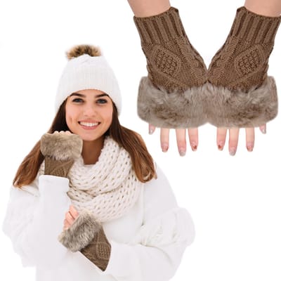JHUBERS- Vingerloze Handschoenen - Warme Gebreide Handschoenen - Halve Vingerloze Handschoenen - Dames - Kaki - M