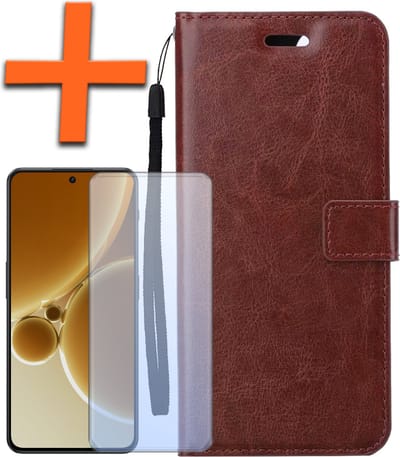 Hoes - Met Screenprotector - Geschikt voor OnePlus Nord 3 - Luxe Pasjeshouder - Bookcase Portemonee - Flip Case - Kunstleer Book Case - Flipcase - Book Cover - Walletcase - PortemonneeHoes - Bruin