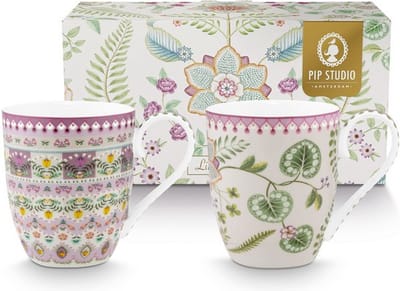 Pip Studio Lily & Lotus mok set/2 - 450ml - 2 bekers XL 450 ML Lily & Lotus Lila in giftbox - porselein