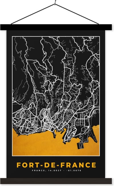 Posterhanger incl. Poster 40x60 cm - Schoolplaat - Kaart – Stadskaart – Fort-de-France - Plattegrond – Frankrijk - Textielposter - Zwarte latten - Stadskaart