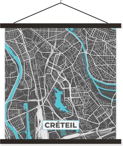 Posterhanger incl. Poster 60x60 cm - Schoolplaat - Créteil - Plattegrond - Kaart - Stadskaart - Frankrijk - Textielposter - Zwarte latten - Stadskaart