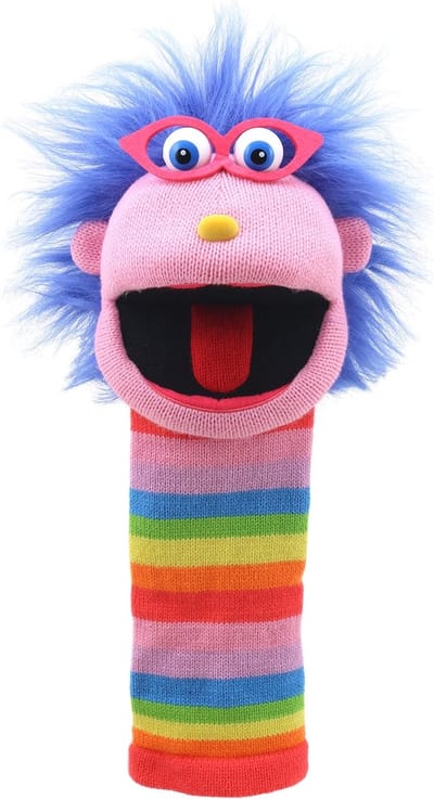 Handpop - Zachte pop - Vermaak kinderen - Met pieper in tong - 38 cm hoog - Meerkleurig