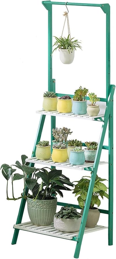 Plantenstandaard Bamboe - Bloemenrek Opvouwbaar - Buiten Decoratie - 3 Laags Ontwerp - 56 Inch Hoog - Groen