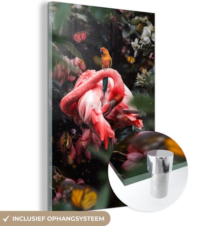 MuchoWow® Glasschilderij 40x60 cm - Schilderij acrylglas - Flamingo - Vogel - Jungle - Foto op glas - Schilderijen
