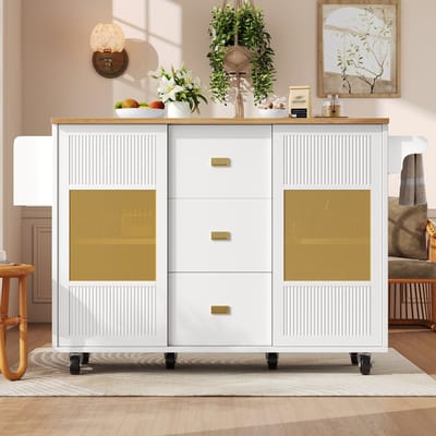 DESMIU KeukenEiland - Opklapbaar Werkblad En Veel Opbergruimte - Voor Keuken, Eetkamer En Woonkamer - MDF En Metaal - 146,85x70x90 Cm - Wit