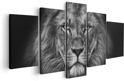 Artaza Canvas Schilderij Vijfluik Leeuw - Leeuwenkop - Zwart Wit - 100x50 cm - Wanddecoratie Woonkamer - Schilderijen - Muurdecoratie