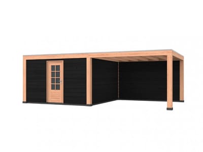 Douglas overkapping, 750 x 400, met achterwand en schuur, Westwood Modern Basic zwart