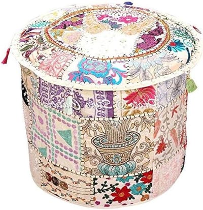 Voetkruk Poefhoes - Ottomaansehoes Ronde Stofhoes - Woonkamer Decoratie - Handgemaakt Patchwork Uniek - 55x35 cm - Wit
