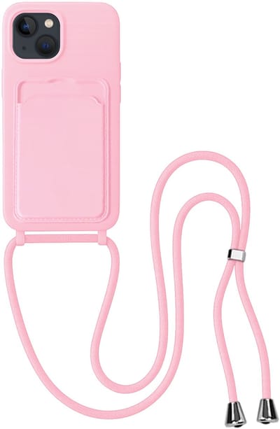 Hoes Geschikt voor iPhone 13 Hoesje Pas Houder Case Hoes Met Koord - Hoesje Geschikt voor iPhone 13 Hoes Met Telefoonkoord Pasjeshouder Cover - Lichtroze