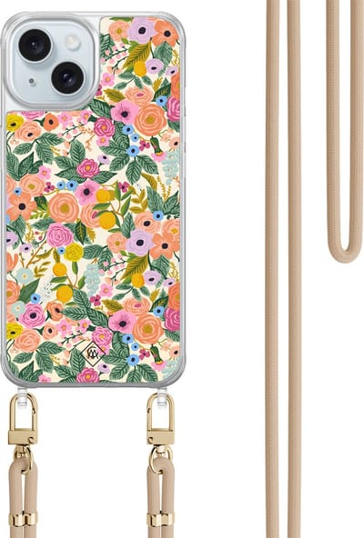 Casimoda® hoesje met beige koord - Geschikt voor iPhone 15 - Pink Garden - Afneembaar koord - TPU/acryl - Bruin/beige