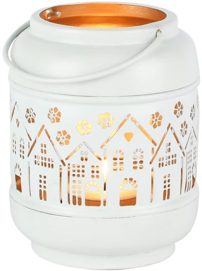 Dekoratief | Windlicht m/handvat 'Festive Village', wit/goud, metaal, 9x9x12cm | A258098