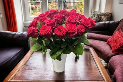 20 rode rozen (Red Naomi) met vaas