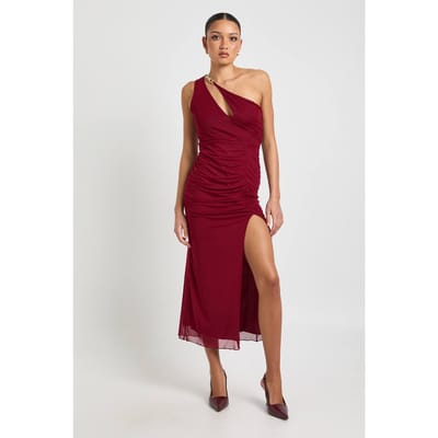 boohoo Dames Uitgesneden Éen-schouder Mesh Midaxi Jurk | Bordeaux Rood | Maat: 38