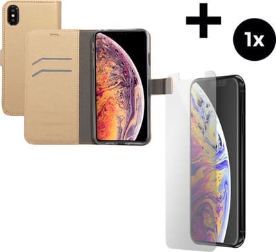 Mobiparts Saffiano Wallet hoesje geschikt voor Apple iPhone XS Max met 1 Screenprotector van Gehard Glas - Goud