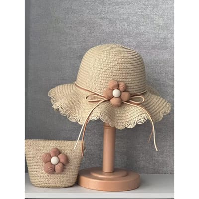 Zomer Leuke Baby Meisje Bloem Strooien Hoed 2 Stuks Kind Buiten Strand Petten Zonneklep Brede Rand Emmer Hoeden Accessoires 2-8 Jaar Kinderen beige