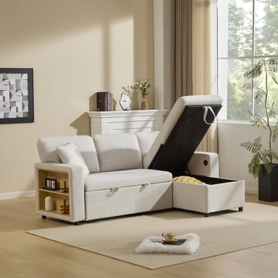 Sofa - L-vormige Uitschuifbare Hoekbank met Slaapfunctie - Met Bettkasten, Geïntegreerd Regaal & USB-poort - 214x131x87 cm - Voor Woonkamer - Flanellen Beige
