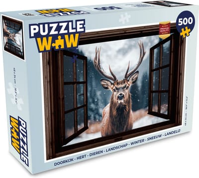 Puzzel Doorkijk - Hert - Dieren - Landschap - Winter - Sneeuw - Landelijk - Legpuzzel - Puzzel 500 stukjes
