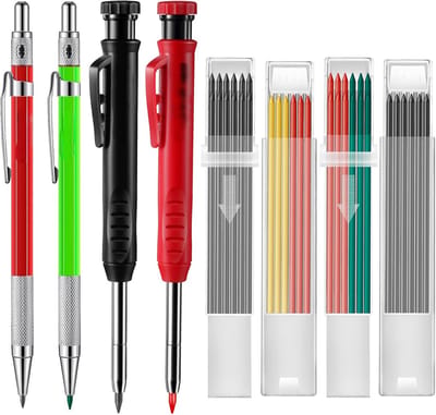 PromoHome Mechanische Timmermanspotloodset met 4 Professionele Constructiepotloden, 40 Vervangbare Vullingen 2.0mm en 2.8mm, Ingebouwde Slijper voor Houtbewerking en Bouwmarkeringen