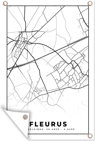 Muurdecoratie Plattegrond – Fleurus – Zwart Wit – Stadskaart - Kaart - België - 120x180 cm - Tuinposter - Tuindoek